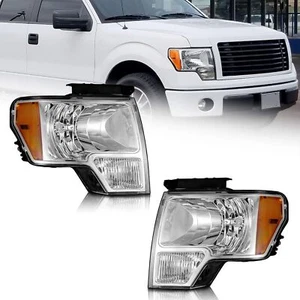 2009-2014 Ford F-150 Headlight Assembly Chrome Housing Amber Reflector Pair - Picture 1 of 7