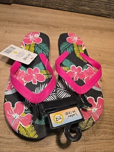Black HIBISCUS FLOWER Flip Flops Womens 7/8 - Picture 1 of 6