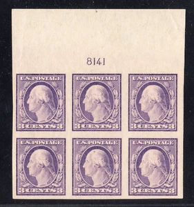 1917 US SC 483 3c Washington Imperf Plate Block of 6, Top #8141 MVLH - Picture 1 of 3