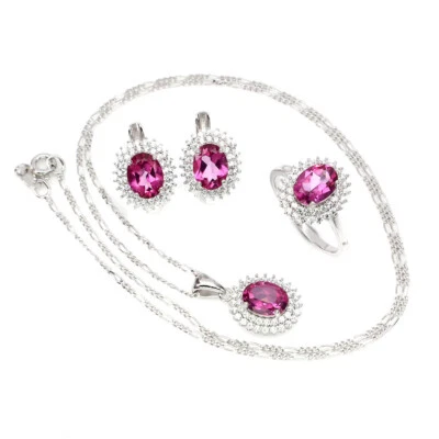 925 Argento Sterling Set Anello Orecchini Collana Ovale Rosa Topazio 8x6mm Gemma - Immagine 1 di 4