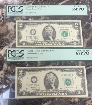 (2) 2003 Consecutive Serial $2 FRN Star note PCGS 66 & 67 Both PPQ Fr.1937-I* - Image 1 of 4