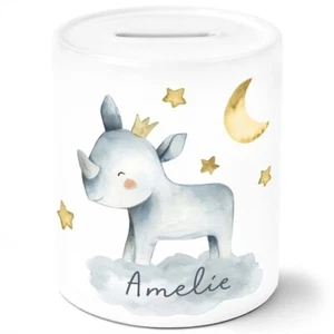 Kinder Spardose mit NamenTier-Motive Nashorn Löwe Elefant Watercolor - Bild 1 von 8