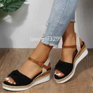 Ladies Womens Mid Wedge Heel Summer Sandals Slip On Walking Mules Shoes Size - Picture 1 of 29