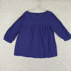 ANA Top Womens Blue Lattice 3/4 Sleeve Peasant Blouse 1/4 Button Front Cotton