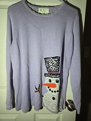 Christmas Sweater VTG The Quacker Factory Women's Sz M Lavender W Snowman  - Image 1 of 4