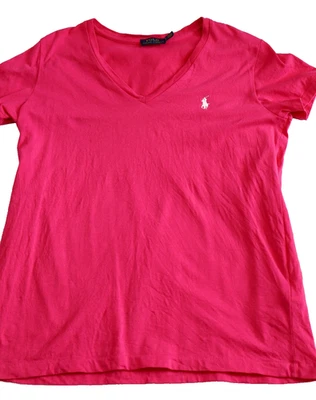 Polo Ralph Lauren Embroidered Logo Cotton V Neck T Shirt Pink SZ Large - Image 1 of 4