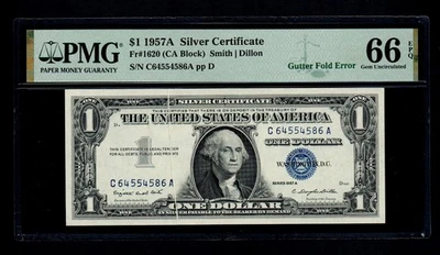 1957-A $1 Silver Certificate Fr#1620 Gutter Fold Error PMG GEM UNC 66 EPQ - Image 1 of 2
