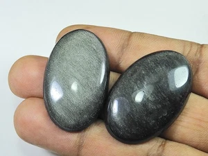 37-37MM AAA Silver Obsidian Oval Stone 2Pcs Cabochon Loose Gemstone 80Cts. v691 - Picture 1 of 9