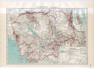 1929 FRENCH INDOCHINA CAMBODIA POLITICAL MAP PHNOM PENH ANGKOR Antique FOLIO Map - Picture 1 of 2