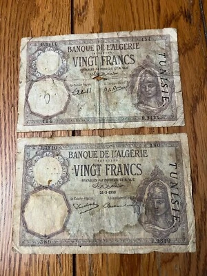 Two Tunisia 20 Francs 1939 1941 Heavily Circulated Banknotes Paper Currency WWII - Image 1 of 2