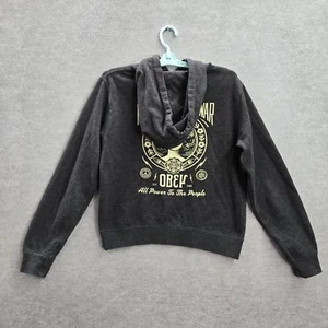 Obey Women Hoodie S Gray Graphic Print Fleece Make Art Not War Logo Pullover - Picture 1 of 10