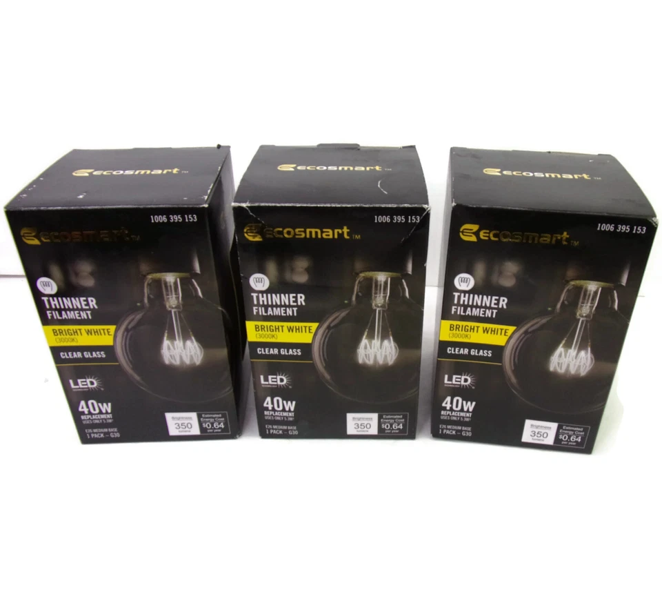 3-pc Ecosmart Thinner Filament Bright White 3000K 40W G30 Clear Glass LED Bulb - Image 1 of 4