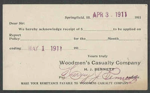1911 PC SPRINGFIELD IL WOODMENS CASUALTY CO RECEIPT  OF MONIES NOTICE - Picture 1 of 1
