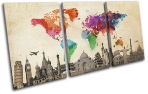 World Landmarks Atlas Maps Flags TREBLE CANVAS WALL ART Picture Print - Picture 1 of 1