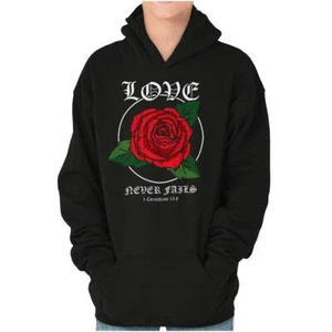 Streetwear Rose Love Never Fails Scripture Youth Hooded Sweatshirt Boy or Girl - Picture 1 of 7