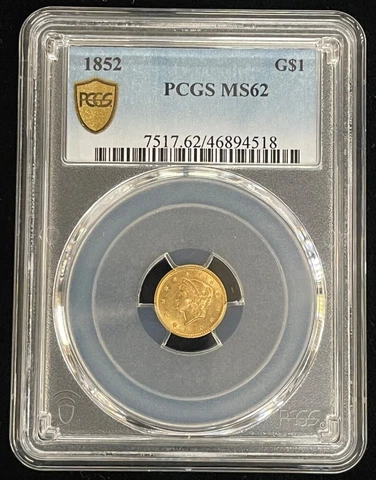 1852-P $1 Uncirculated Liberty Head Gold Dollar, Type 1, PCGS MS-62 Cover