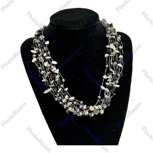 BOHO Multi Strand Polished Stone Beaded Necklace Black Gray Silver 8" Drop - Picture 1 of 5