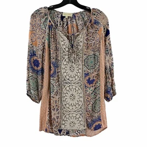 Lucy & Laurel Boho Damen Top Relaxed Fit Spitzenbesatz 3/4 Ärmel Gr. S Orange - Bild 1 von 7