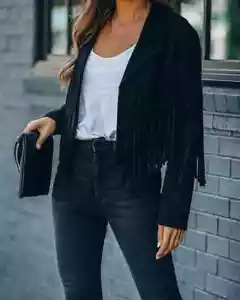 Damen Moto Biker Jacke Chic Cropped Quaste Fransen Kurz Dekor Mantel - Bild 1 von 28