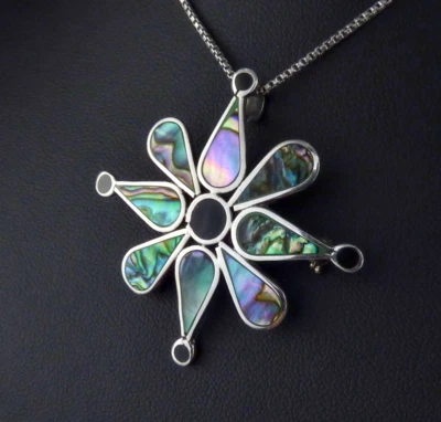 Großer Taxco Mexico Ø4,3cm 925 Silber Anhänger Brosche mit Perlmutt Ø4,4cm 6,5g - Bild 1 von 4