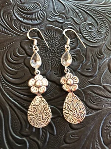 White Crystal Ornate Flower Motif Drop Dangle Artisan Earrings 2" - Picture 1 of 5