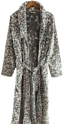 Soft BathRobe M/L Long Flannel Cozy GrayPrint Stylish WrarRobe Spa Dressing Gown - Image 1 of 4