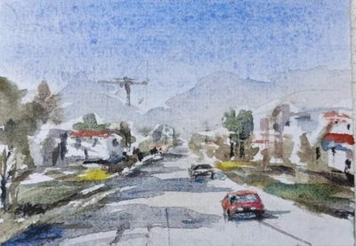 original watercolor painting ACEO town street architecture Buildings Cars SIBY - Image 1 of 3