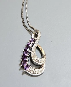 Sterling Silver 925 Amethyst Diamond Accent Pendant & Box Chain Necklace - Bild 1 von 6