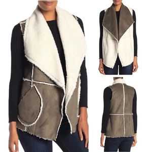 Caslon Faux Shearling Suede Reversible Vest Drape Lapel Olive Ivory Small $69 - Picture 1 of 12