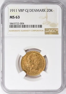 Denmark 1911-VBP GJ Gold 20 Kroner NGC MS-63 - Picture 1 of 4