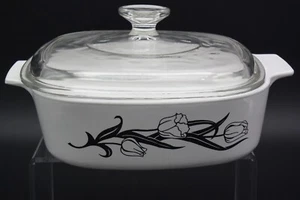 Vintage CORNING WARE SQUARE CASSEROLE DISH A-2-B LYRIC BLACK TULIP Pyrex Lid - Picture 1 of 7
