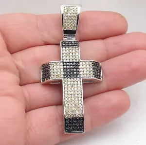 2 3/4" Bold Black Yellow CZ Bling Cross Pendant Real Solid 925 Sterling Silver - Picture 1 of 5
