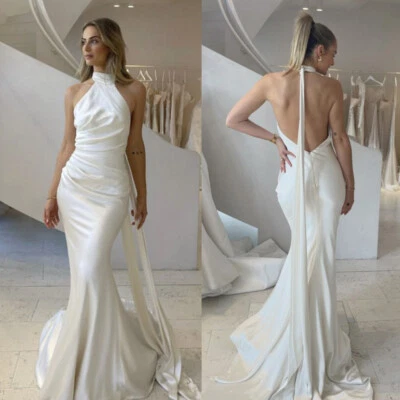 Mermaid Wedding Dresses Satin Halter Neck Sexy Backeless Sweep Train Bridal Gown - Image 1 of 4