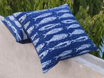 Indian Handmade Indigo Blue Fish Printed Cotton Kantha Cushion Cover(Only Cover) - Image 1 of 4