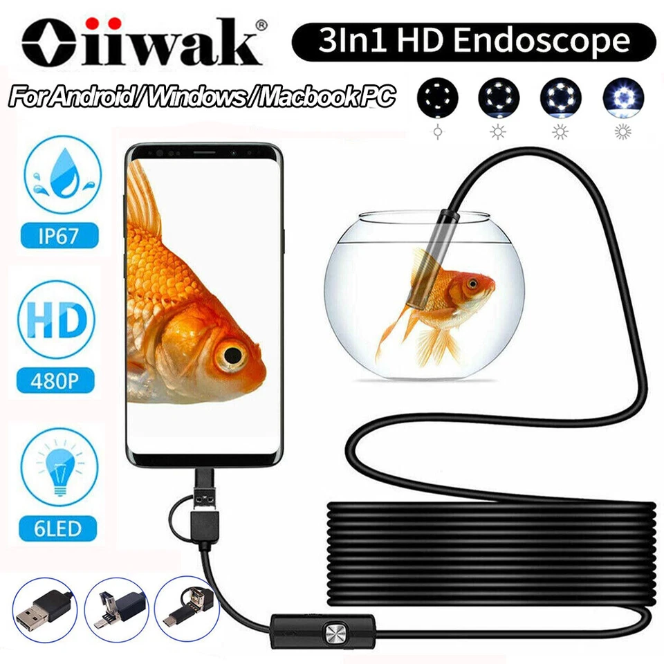 OIIWAK 7mm USB Endoscope Borescope Snake Inspection Camera IP67 Waterproof for Android
