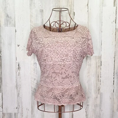 Top Vintage Rosa Rubor Floral Encaje Manga Corta M Coqueta Cottagecore Y2k EE. UU. Foto 1 de 4