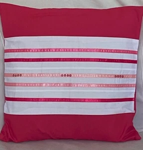 Girl Cushion Pink White modern striped Ribbon Sparkle embellish sofa bedroom 16" - Picture 1 of 1