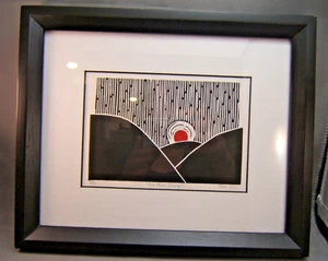 Mary Ella Bowles Red Moon Rising Original Block Print Signed Framed 9.25 x 11.25 - Picture 1 of 6