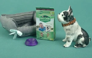 Hund Bulldogge, Bett, Futternapf Puppenhaus Zubehör, Miniaturen, Tierfiguren - Bild 1 von 10