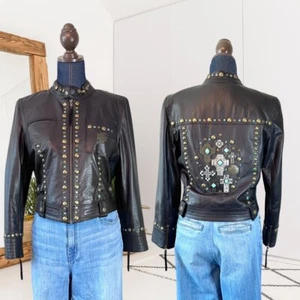 Double D Ranch Womens S Trinity Cross Zip Patina Studded Crosses Leather Jacket - Picture 1 of 13