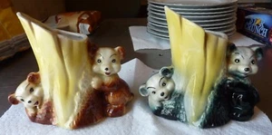 VTG American Bisque 1950s Bear Cubs Tree Trunk Ceramic Planter Vase Black Brown - Picture 1 of 11