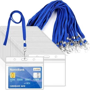 30Pcs Clear Plastic Horizontal Name Tags Badge ID Card Holders and 30Pcs Blue - Picture 1 of 8