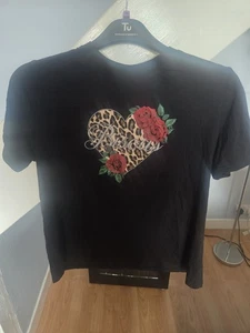 Black T-Shirt with Leopard Print Love Heart Design - Picture 1 of 3