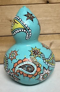 Hand Painted Double Gourd Turquoise Color, Paisley And Star Design 7” Tall READ - Picture 1 of 10