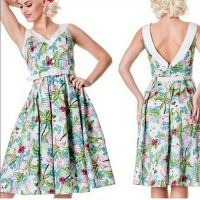 Hell Bunny Vixen 60s Flamingo Print Mod Pinup Fit & Flare Dress M - Image 1 of 4