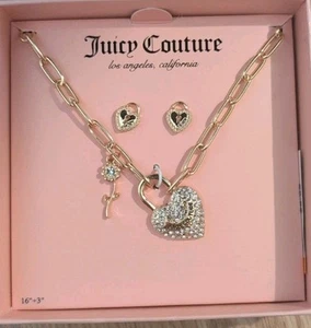 Juicy Couture Set Rhinestones Heart Pendant & Earrings 3” Gold Tone Necklace 20” - Picture 1 of 2