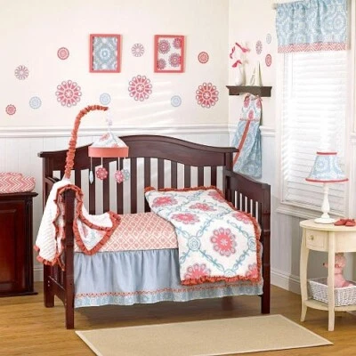 VINTAGE 4-Pc CoCaLo Dahlia Crib Bedding Set Girl Nursery Pink Blue White Modern - Image 1 of 2