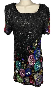 De Colección Vestido de Fiesta Mujer Talla L Negro Seda Lentejuelas Vidrio Cuentas de Laurence Kazar - Imagen 1 de 11