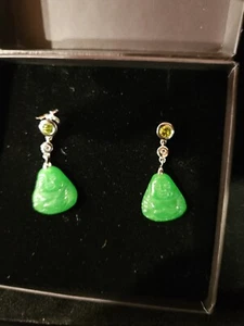 Sterling Silver 925 Green Jade jadeite Buddha Earrings Multistone New - Picture 1 of 12