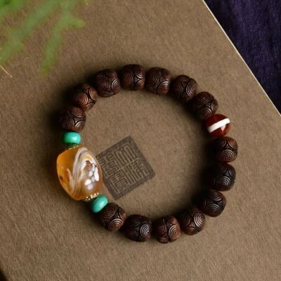 12mm Agarwood Barrel Bead Bracelet with Red Cord and Date Wood Accent Beads - image 1 of 4